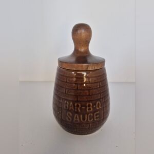 Vintage Ceramic BBQ Sauce Jar Pot with Lid and Attached Brush